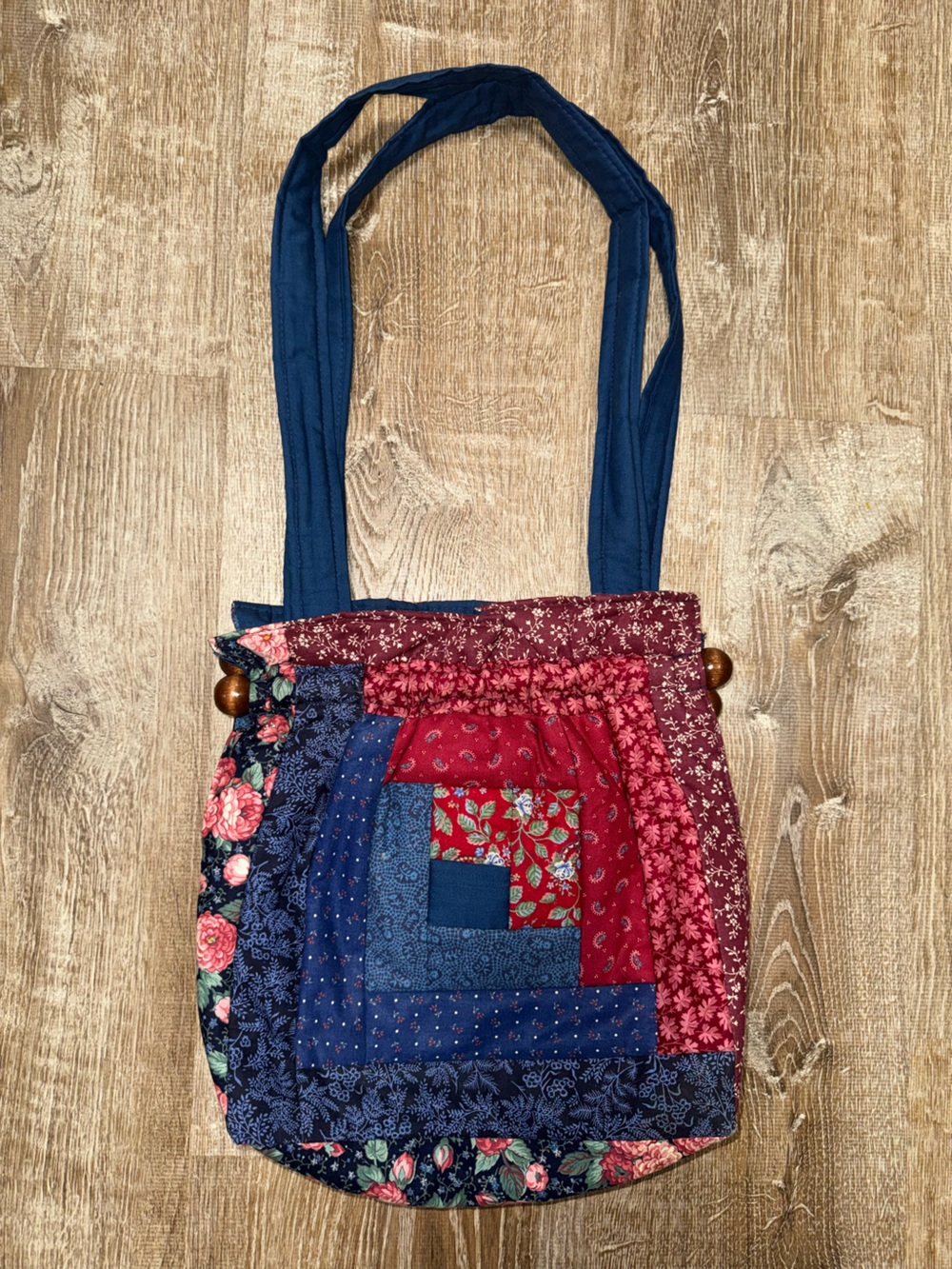 Handmade Quilted Patchwork Tote Bag - Blue and Red